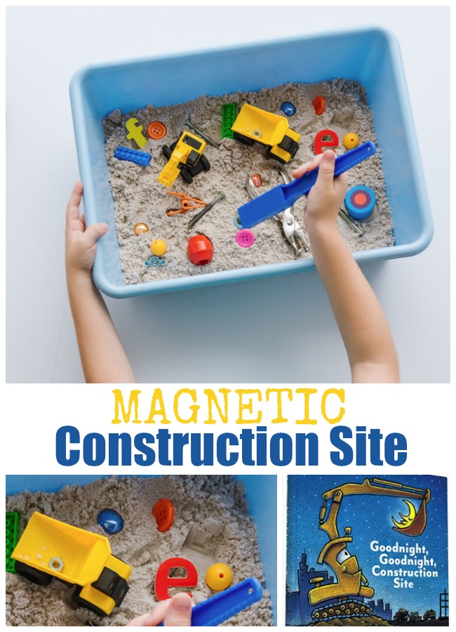 Construction Themed Sensory Bin for Preschoolers with Magnets