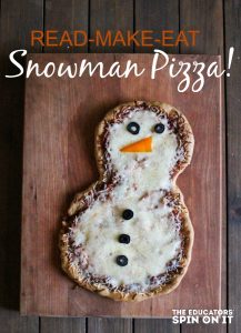 Snowman Pizza Recipe - snowman books and snowman pizza, the perfect combination for kids to read, make and eat.
