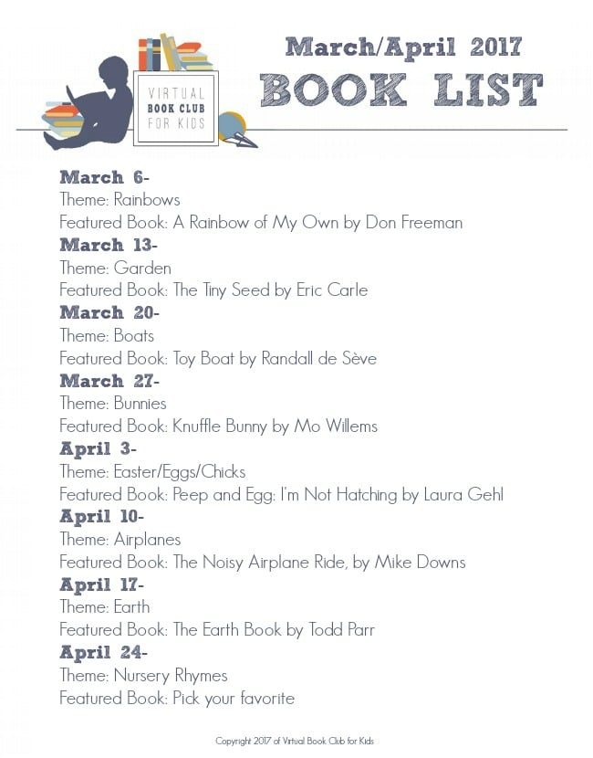 Printable March Book List for the Weekly Virtual Book Club for Kids Book List