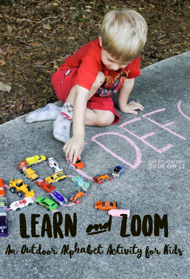 Zoom and Learn, a FUN & EASY literacy activity for preschoolers. Get learning outside with this alphabet car activity for kids.