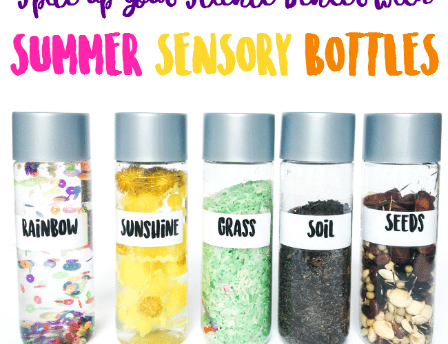 The easist summer sensory bottles for an interactive science center. Great for preschool and kindergarten science. Garden science