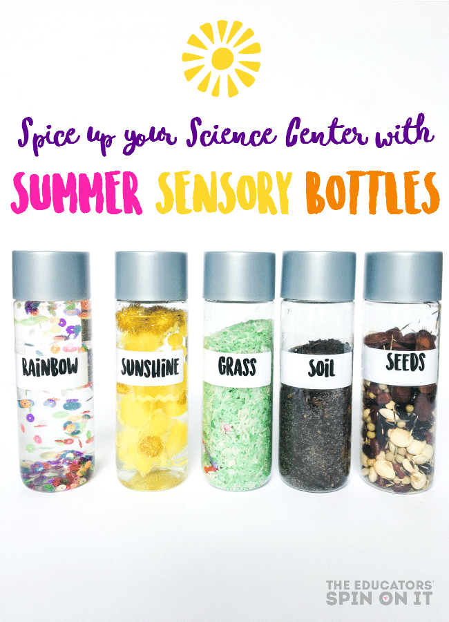 The easist summer sensory bottles for an interactive science center. Great for preschool and kindergarten science. Garden science