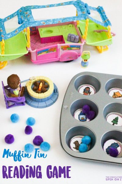 Muffin Tin Camping Theme Reading Game, a fun way to practice syllable counting and begining sounds. Great for preschool and kindergarten literacy centers