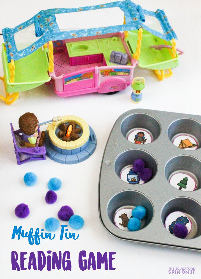 Muffin Tin Camping Theme Reading Game, a fun way to practice syllable counting and begining sounds. Great for preschool and kindergarten literacy centers