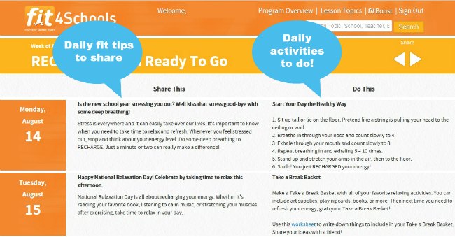 fit4Schools daily fit tip calendar