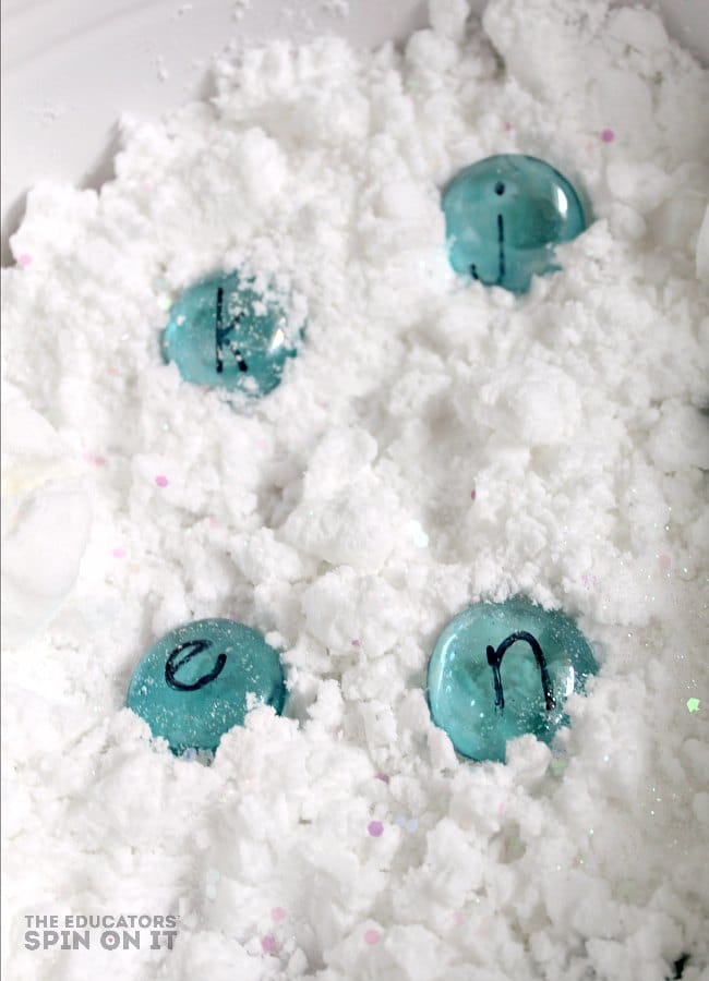 Pretend Snow Themed Sensory Bin with Alphabet Activity