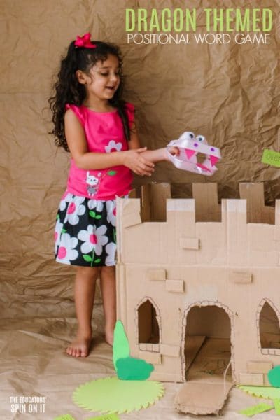 Egg Carton Dragon over Cardboard Castle with Preschooler
