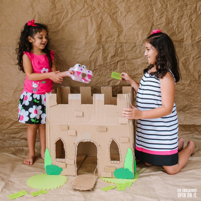 Egg Carton Dragon over a Castle made from Recycled Cardboard