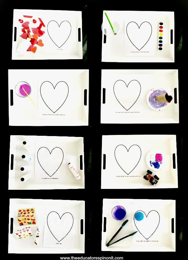 Setting up Heart art Projects for preschool and toddlers using trays