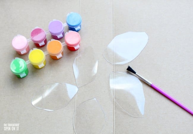 Painting Recycled Plastic to Create Flower Craft for Kids