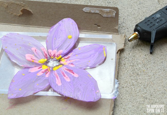 Using Hot Glue to Assemble Painted Flower Craft for Kids