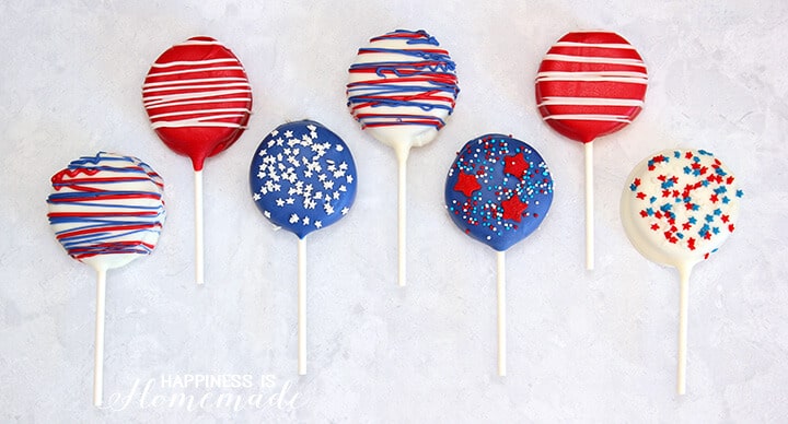 Oreo Cookie Pops for the 4th of July with Red, White and Blue and sprinkles