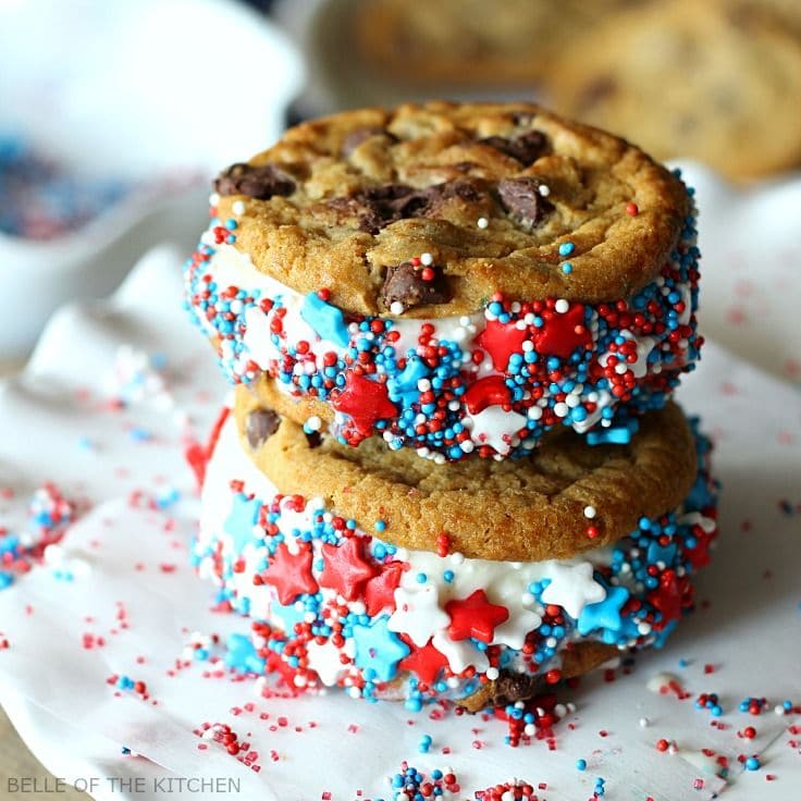 Patriotic Ice Cream Sandwiches with Sprinklers and Chocolate Chip Cookie