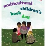 Multicultural Children's Book Day with children reading a book in group on grass with blue sky.