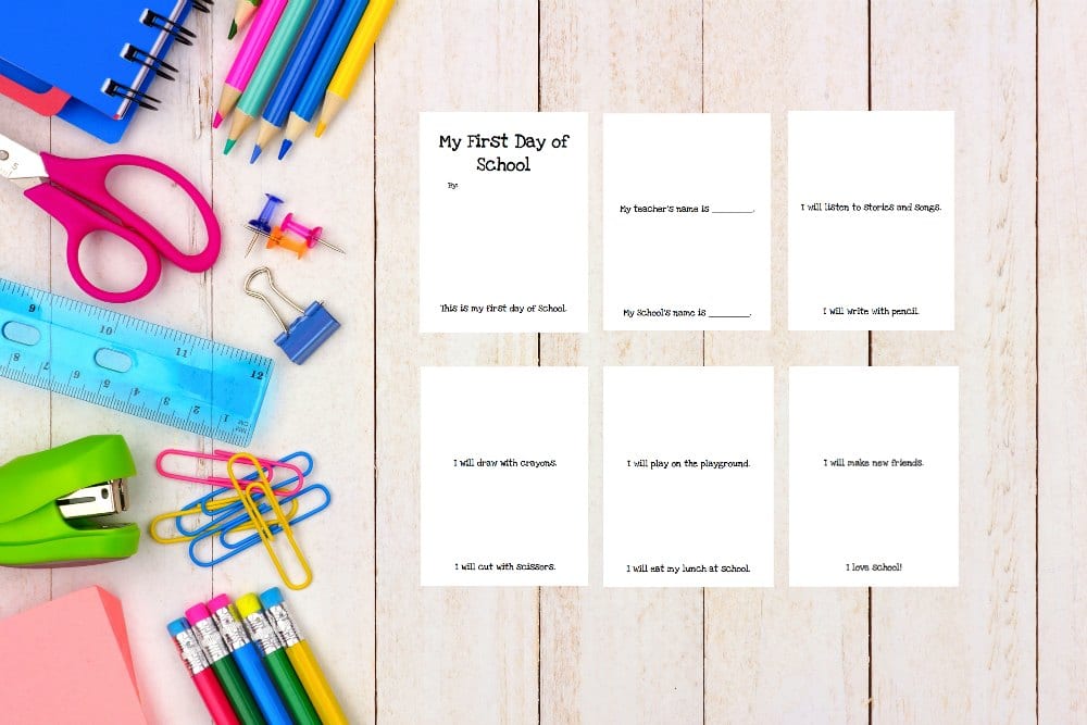 School supplies side border on a white wood background with printable first day of school book