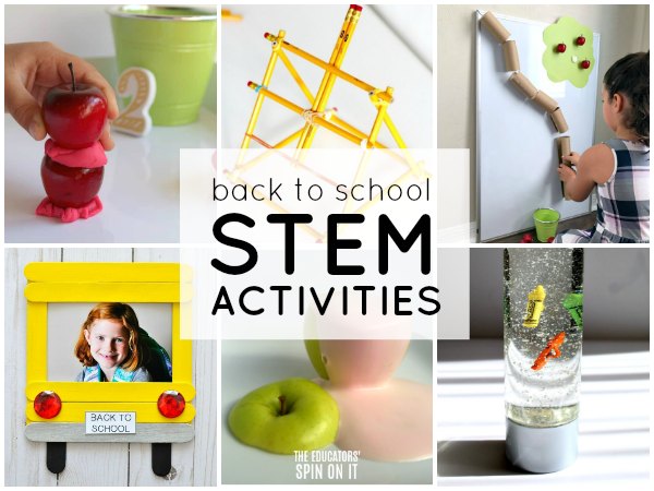 back to school stem activities featuring apples, pencils, crayons and buses for kids to challenge kids