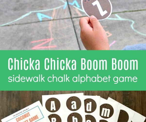 Sidewalk Chalk drawing of coconut tree with letters on it inspired by the book Chicka chicka Boom Boom