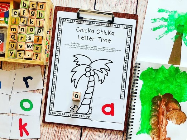 Handprint Coconut Tree and Chicka Chicka Boom Boom Alphabet stamp activity for Kids