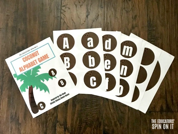 Printable alphabet letters on coconut shapes for chicka chicka boom boom coconut tree game