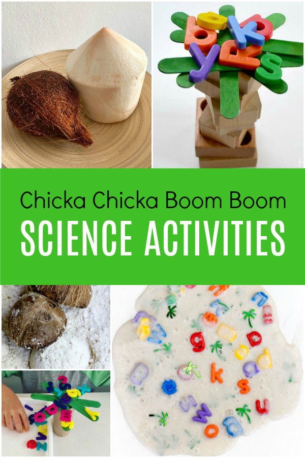 variety of science activities with coconuts, alphabet slime and pretend trees