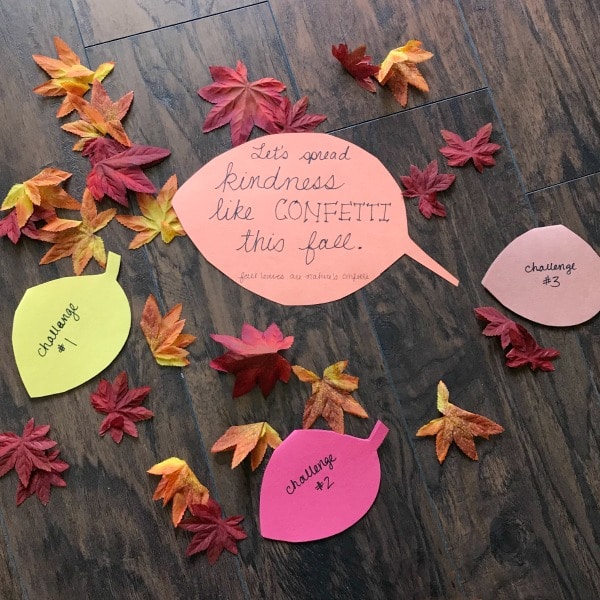 Fall leaves with large leaf reading "Let's spring kindness like confetti this fall." 