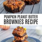Pumpkin Peanut Butter Brownies with Candy Topping of Orange, Yellow and Brown.