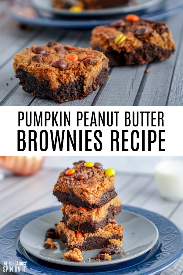 Pumpkin Peanut Butter Brownies with Candy Topping of Orange, Yellow and Brown.