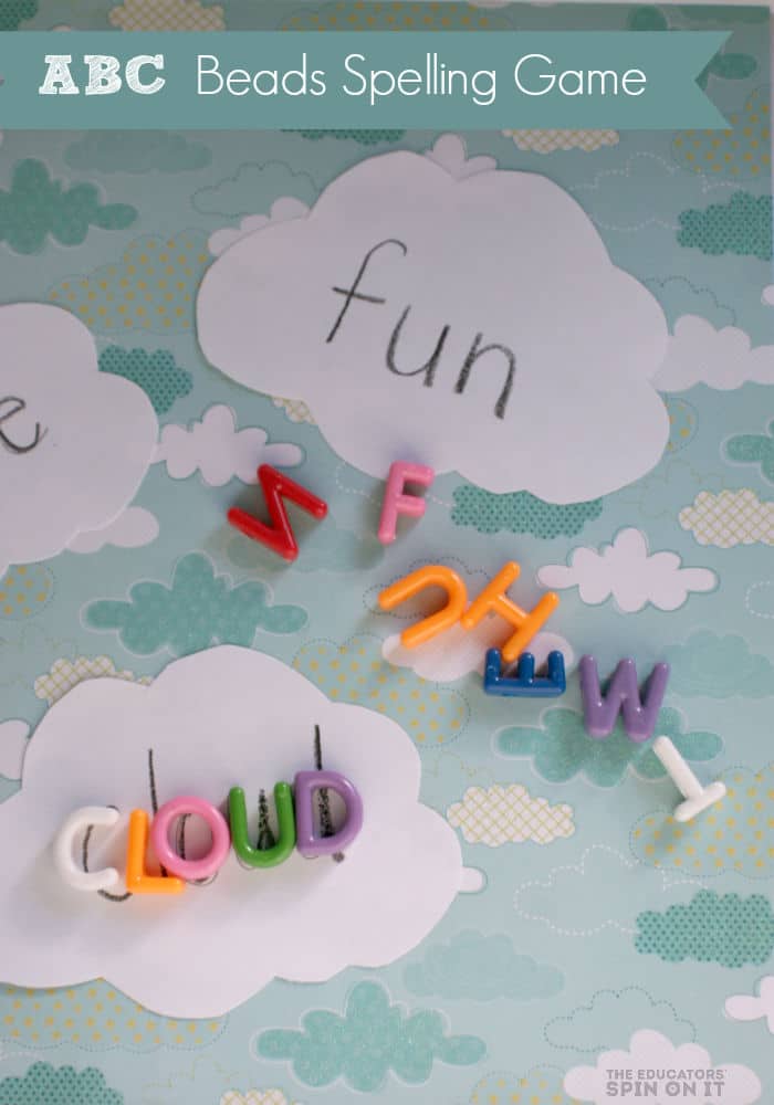 ABC Beads on cloud cutouts to create sight word game for kids. 