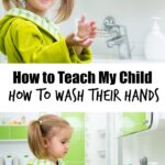 Young child learning how to wash hands using liquid soap at white sink