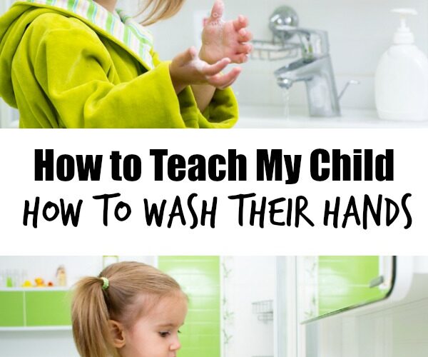 Young child learning how to wash hands using liquid soap at white sink