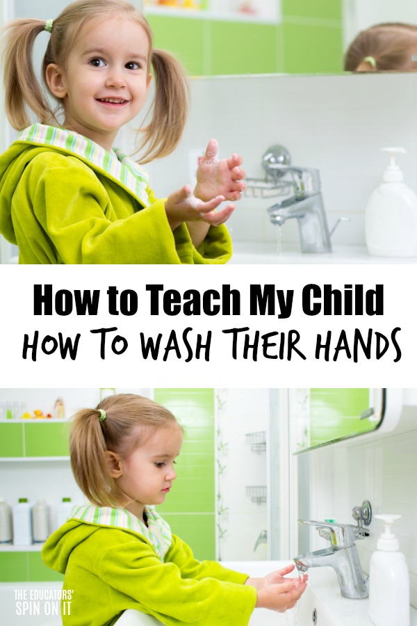 Young child learning how to wash hands using liquid soap at white sink