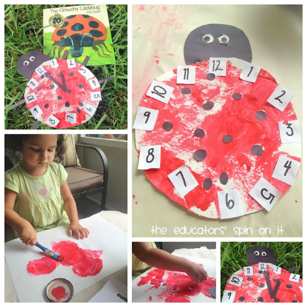child making ladybug clock inspired by the book The Grouchy Ladybug by Eric Carle