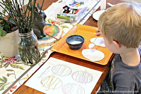 Here is how we set up this math, art, and science learning station. Trays are great for containing small messes that the salt makes.