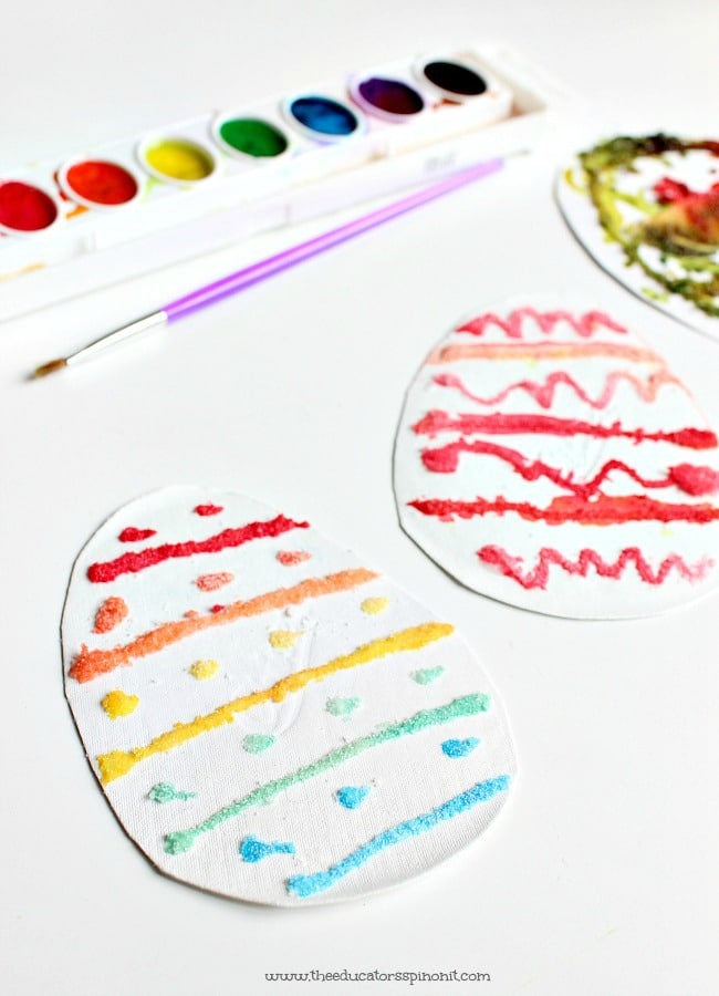 Salt Painting Patterned Eggs - Process Art for Kids to explore colors and patterns, an Easter Math Learning Station.