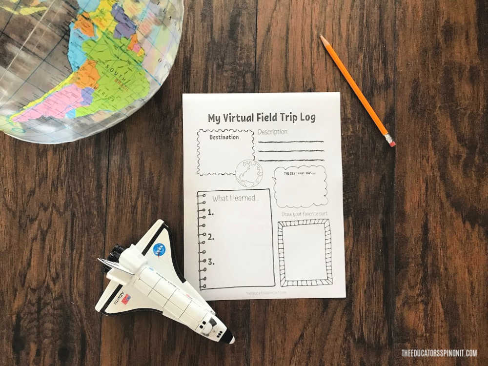 Virtual Field Trip Log Printable on wood floor with pencil, space shuttle and globe