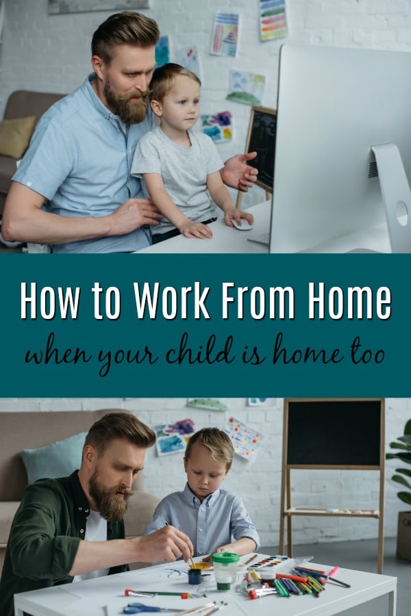 Father and son working on desktop and at table while working from home.