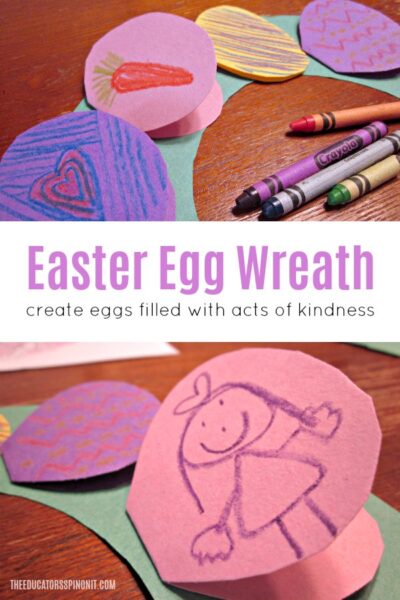 Easter egg wreath made with eggs that open to share ideas for acts of Kindness