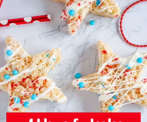 Red, White and Blue Sprinkles on Star Rice Krispie Treat for 4th of July Dessert