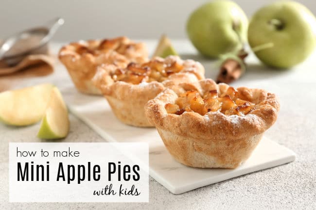 Mini apple pies for kids to make with apples in background for learning how to cut safely. 