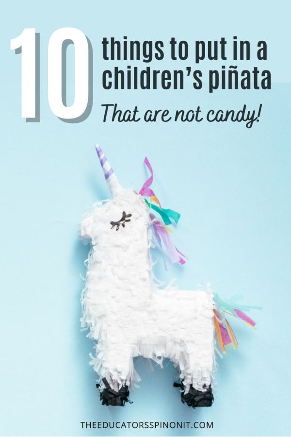 Unicorn pinata sharing 10 fun things to put in a children's pinata that are not candy