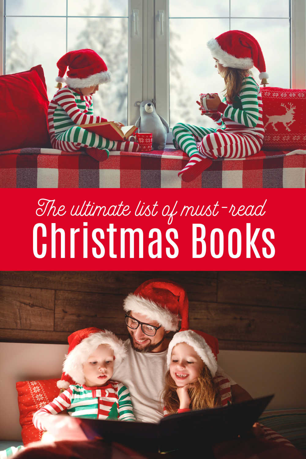 Children reading christmas books in santa hats with Dad.