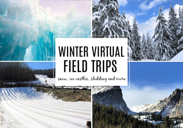 winter virtual field trips for kids featuring sledding, snow covered mountains and evergreen trees and ice castles