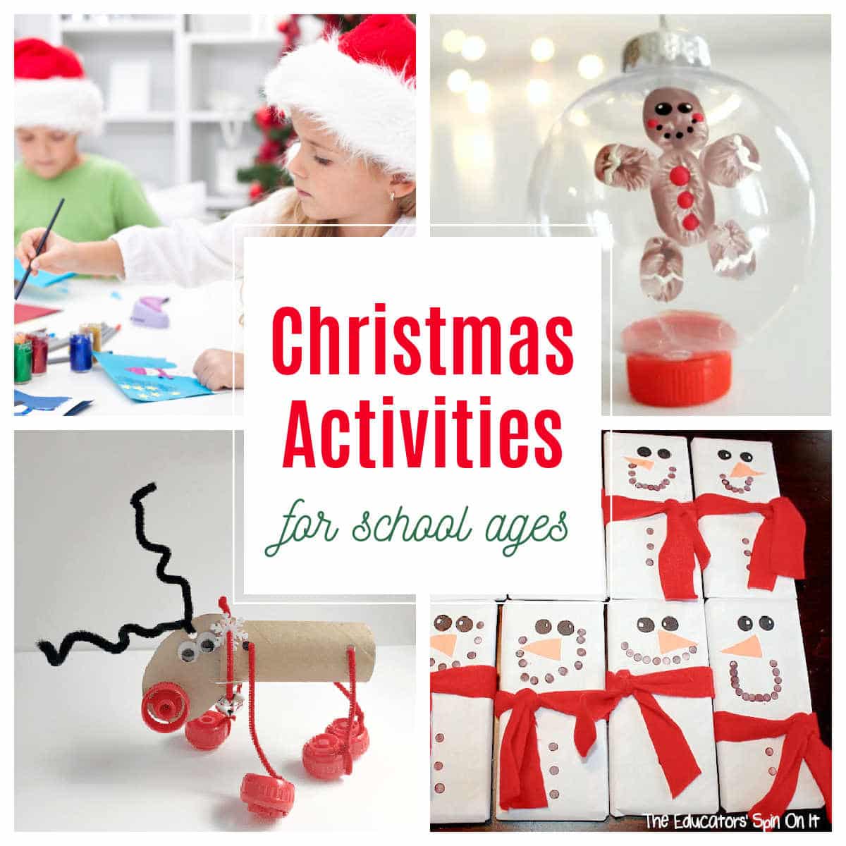 adorable christmas activities for school kids to create for the holidays for loved ones including gingerbread fingerprint ornament, snowman candy wrappers and reindeer STEm Challenge