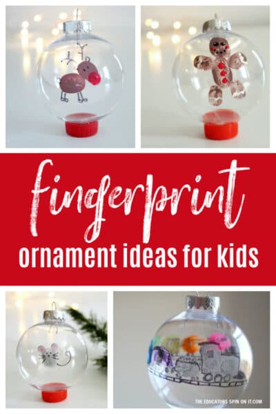 fingerprint christmas ornaments for kids featuring mouse, reindeer, train and gingerbread man.