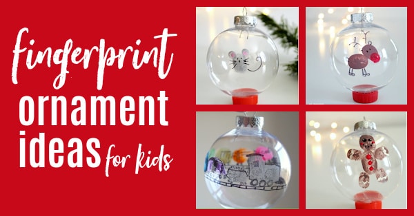 fingerprint christmas ornaments for kids featuring mouse, reindeer, train and gingerbread man.