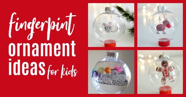 fingerprint christmas ornaments for kids featuring mouse, reindeer, train and gingerbread man.