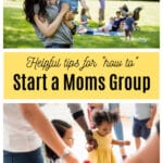 Moms group meeting a various locations with kids like the park and a meeting room.