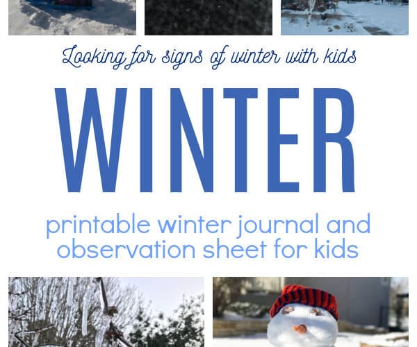 Winter journal for kids featuring ways to look for signs of winter sampled in images like icicles, snowflakes, snowman and more