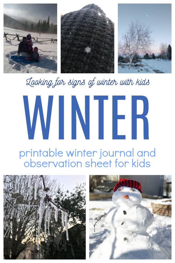Winter journal for kids featuring ways to look for signs of winter sampled in images like icicles, snowflakes, snowman and more