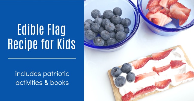 Make your own edible flag snack for patriotic fun with your child. Includes red, white, and blue activities too